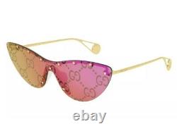 Gucci GG0666S 666 003 Gold Pink Mirror Logo Green Lens Women Cateye Sunglasses