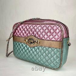 Gucci Metallic Pink/Green Quilt Leather Metal GG Logo Crossbody Bag 541061 5879
