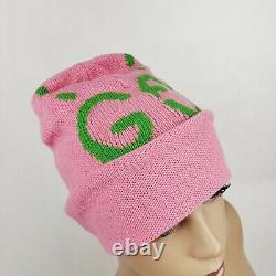 Gucci Pink Wool Beanie Hat with Lime Green Ghost GG M/57 455975 5866