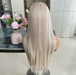 HD Front Lace Wig Human Hair Blend Highlights Wavy Curly Long Blonde Ombre
