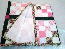 Hand Quilted Patchwork Quilt Shabby Queen 93 x 80 Pink with Green Lattice NEW