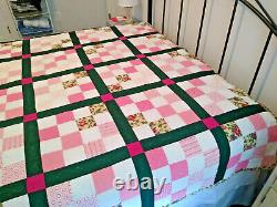 Hand Quilted Patchwork Quilt Shabby Queen 93 x 80 Pink with Green Lattice NEW
