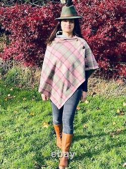 Handmade Lady's Green Pink Check Tweed Cape Poncho