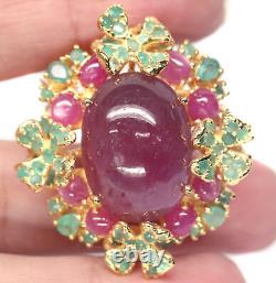 Heated 15 X 21 mm. Red With Pink Ruby & Green Emerald Brooch Silver 925 Sterling