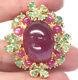 Heated 15 X 21 Mm. Red With Pink Ruby & Green Emerald Brooch Silver 925 Sterling
