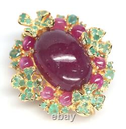 Heated 15 X 21 mm. Red With Pink Ruby & Green Emerald Brooch Silver 925 Sterling