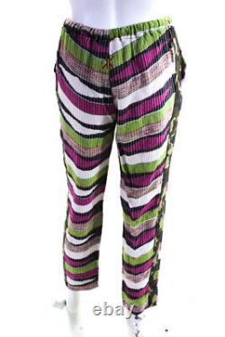 Ikkim'o Womens Striped Drawstring Knit Cotton Pants Green Pink Size S