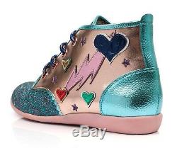 Irregular Choice NEW Lightning Love pink green glitter flat ankle boots 3-8