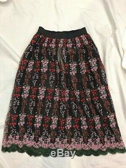 Junya Watanabe embroidered long skirt pink red green foliage black tulle M