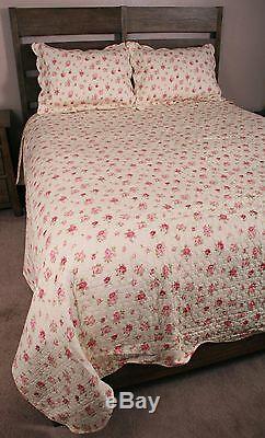 King Quilt Set Pink Green Rosebud Shabby Chic Romantic Cottage Cotton Bedding