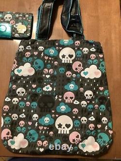 LOUNGEFLY Green Pink Skull Tote with Wallet NT