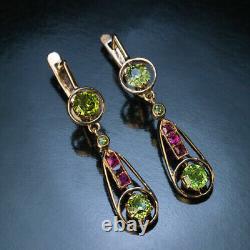 Lab Created Green Emerald & Pink Sapphire Dangle Earrings 925 Silver