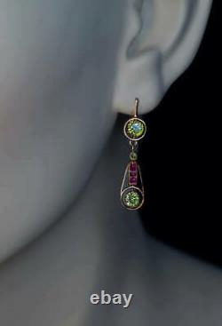 Lab Created Green Emerald & Pink Sapphire Dangle Earrings 925 Silver