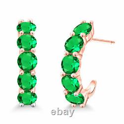 Ladies 4.00 Ct Round Cut Green Emerald Hoop Earrings 14K Rose Gold Finish