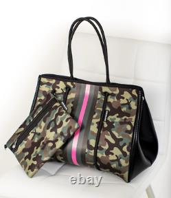 Large Neoprene Tote Bag and Wristlet Camouflage Green Pink Army