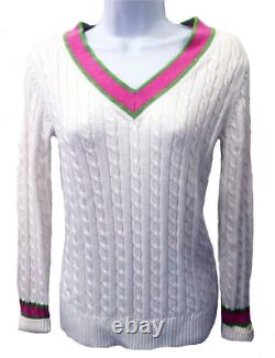 Lilly Pulitzer Classic V Neck Vintage White, Pink, Green Cotton Tennis Sweater S