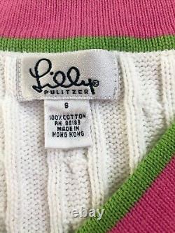 Lilly Pulitzer Classic V Neck Vintage White, Pink, Green Cotton Tennis Sweater S