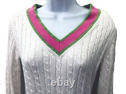 Lilly Pulitzer Classic V Neck Vintage White, Pink, Green Cotton Tennis Sweater S