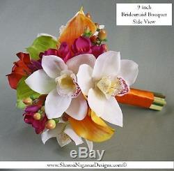 Mango orange coral hot pink fuchsia green bouquet Real Touch flowers Tropical