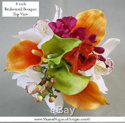 Mango orange coral hot pink fuchsia green bouquet Real Touch flowers Tropical