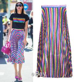 Metallic Lurex Rainbow Stripe Plisse Pleated Full Midi Skirt Runway Street Celeb