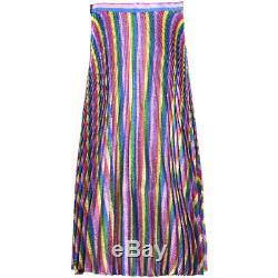 Metallic Lurex Rainbow Stripe Plisse Pleated Full Midi Skirt Runway Street Celeb