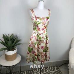 Morgan Gual 100% silk pink green ivory floral square neck A line dress NWT 6