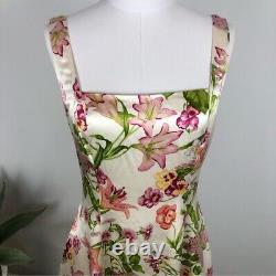 Morgan Gual 100% silk pink green ivory floral square neck A line dress NWT 6