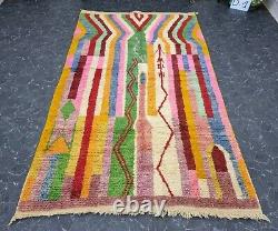 Moroccan Boujaad Handmade Rug 5'3x8'8 Berber Striped Green Pink Wool Carpet