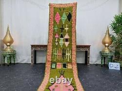 Moroccan Boujaad Handmade Runner 2'1x10'4 Berber Abstract Green Pink Wool Rug
