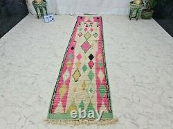 Moroccan Boujaad Handmade Runner 2'5x11'3 Berber Geometric Pink Green Wool Rug