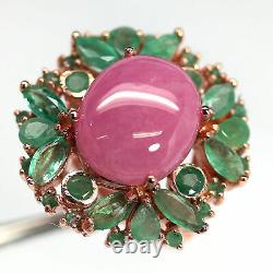 NATURAL 13 X 15 mm. PINK RUBY & GREEN EMERALD RING 925 STERLING SILVER