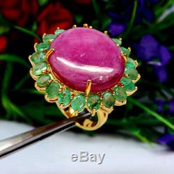 NATURAL 20 X 23 mm. OVAL PINK RED RUBY & GREEN EMERALD RING 925 STERLING SILVER