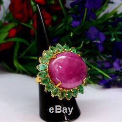 NATURAL 20 X 23 mm. OVAL PINK RED RUBY & GREEN EMERALD RING 925 STERLING SILVER