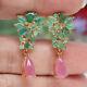 Natural 5 X 10 Mm. Pink Ruby & Green Emerald Drop Earrings 925 Sterling Silver