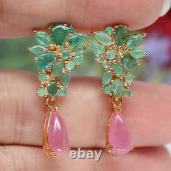 NATURAL 5 X 10 mm. PINK RUBY & GREEN EMERALD DROP EARRINGS 925 STERLING SILVER