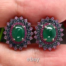 NATURAL 6 X 8 mm. GREEN EMERALD & BLUE WITH PINK SAPPHIRE EARRINGS 925 SILVER