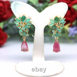 NATURAL 6 X 9 mm. PINK RUBY & GREEN EMERALD DROP EARRINGS 925 STERLING SILVER