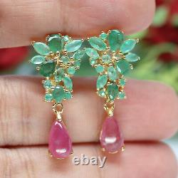 NATURAL 6 X 9 mm. PINK RUBY & GREEN EMERALD DROP EARRINGS 925 STERLING SILVER
