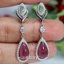 NATURAL 7 X 11 mm. CABOCHON PINK RUBY, GREEN EMERALD & CZ EARRINGS 925 SILVER