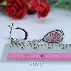 NATURAL 7 X 11 mm. CABOCHON PINK RUBY, GREEN EMERALD & CZ EARRINGS 925 SILVER