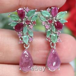 NATURAL 7 X 11 mm. PINK RED RUBY & GREEN EMERALD EARRINGS 925 STERLING SILVER