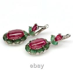 NATURAL 7 X 12 mm. PINK RUBY & GREEN EMERALD 925 STERLING SILVER EARRINGS