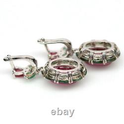 NATURAL 7 X 12 mm. PINK RUBY & GREEN EMERALD 925 STERLING SILVER EARRINGS
