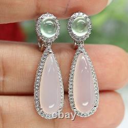NATURAL 7 X 19 mm. PINK CHALCEDONY, GREEN PREHNITE & CZ EARRINGS 925 SILVER