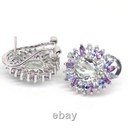 NATURAL 8 X 10 mm. PEAR GREEN WITH PINK AMETHYST & TANZANITE EARRINGS 925 SILVER