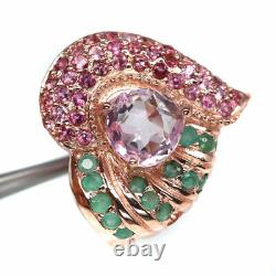 NATURAL 8 X 8 mm. PINK TOPAZ WITH SAPPHIRE & GREEN EMERALD RING 925 SILVER