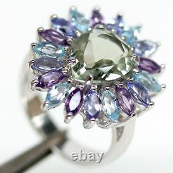 NATURAL 9 X 11 mm. PEAR GREEN WITH PINK AMETHYST & TANZANITE RING 925 SILVER