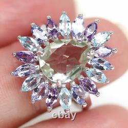 NATURAL 9 X 11 mm. PEAR GREEN WITH PINK AMETHYST & TANZANITE RING 925 SILVER