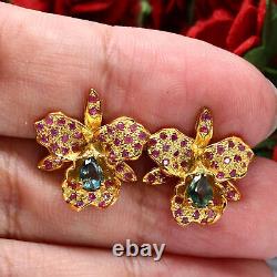 NATURAL HEATED 3 X 5 mm. GREEN WITH PINK SAPPHIRE FLOWER EARRINGS 925 SILVER